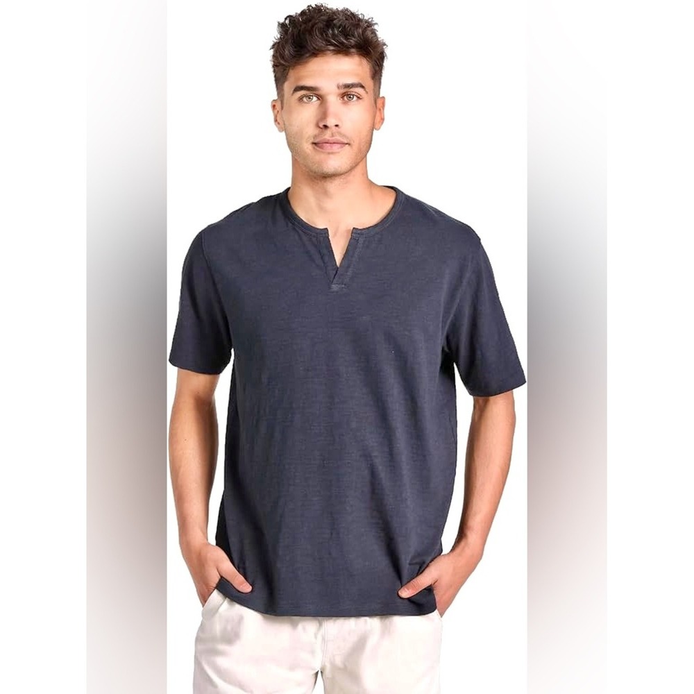 Vince Men's Slub Split-Neck T-Shirt – Coastal‎ (Light Navy), Size Large 🌊